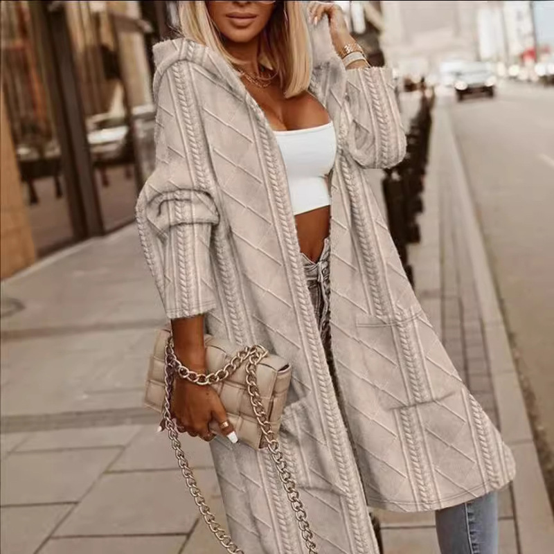2024 autumn and winter new ladies coat European and American Amazon twisted flower texture hooded pocket long sleeve long trench coat women