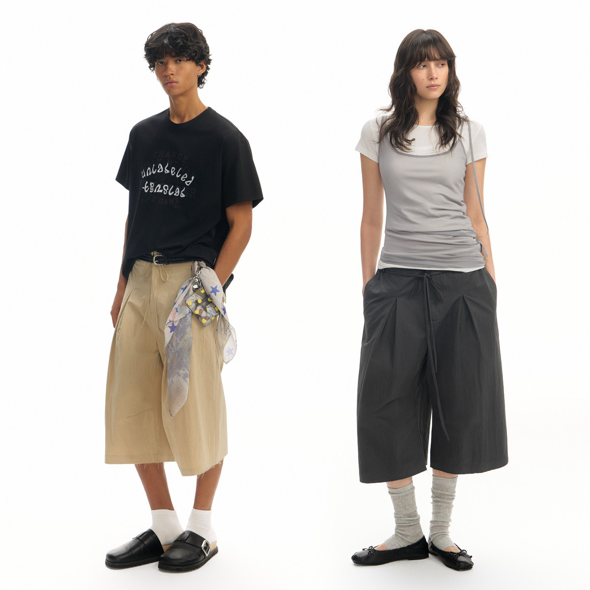 Pleated Ribbon Fringe Cropped Pants Unisex Summer Loose Wide-Leg Casual Mid-Length Gray Shorts Summer