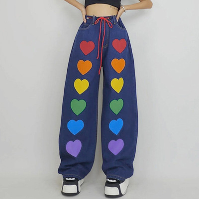 Wish fashion Rainbow colors love element Waist design Bandage Jeans Fashionable Easy leisure time Straight pants