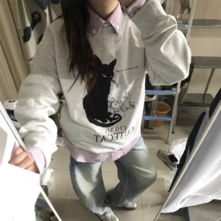 设计感猫咪印花卫衣女复古2025款潮牌ins宽松百搭个性长袖卫衣秋