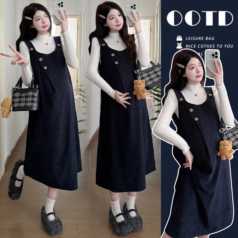 Maternity Wear 2025 Autumn and Winter Dress Two-Piece Loose Autumn Fashion Korean Style High-End Suspender Skirt Suit