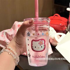 kt凯蒂猫吸管杯女生可爱高颜值水杯便携透明塑料杯学生简约随行杯