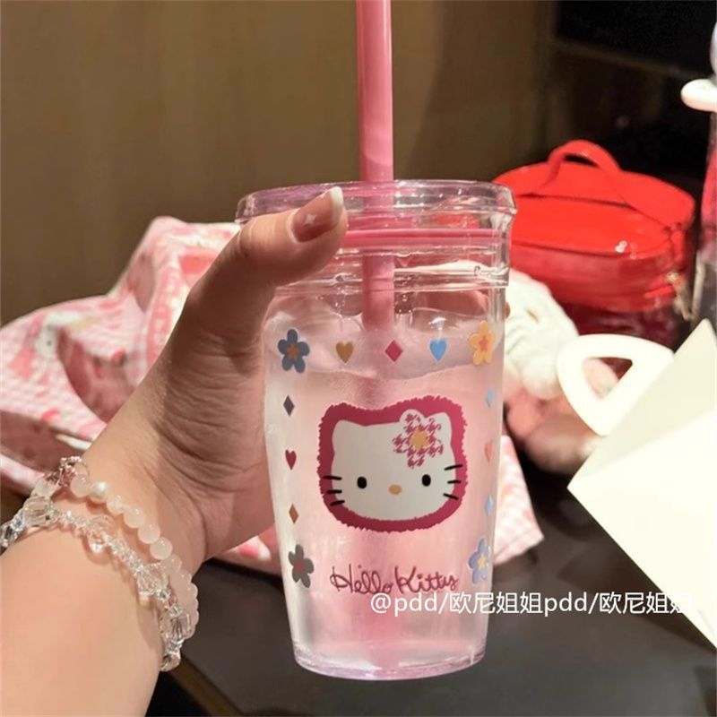 kt凯蒂猫吸管杯女生可爱高颜值水杯便携透明塑料杯学生简约随行杯|undefined