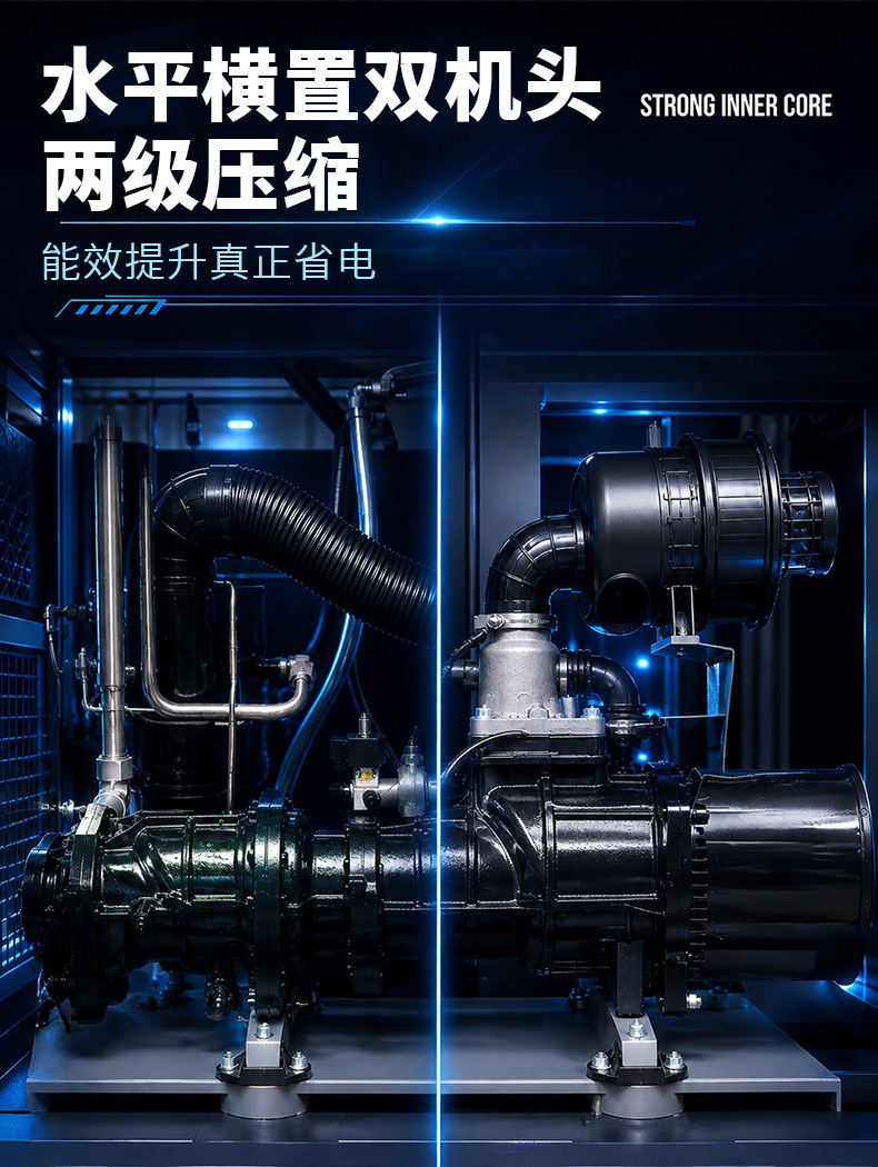 Junfeng dual-stage compressor is energy-saving, power-efficient, stable and durable, 7.5KW variable frequency screw air compressor