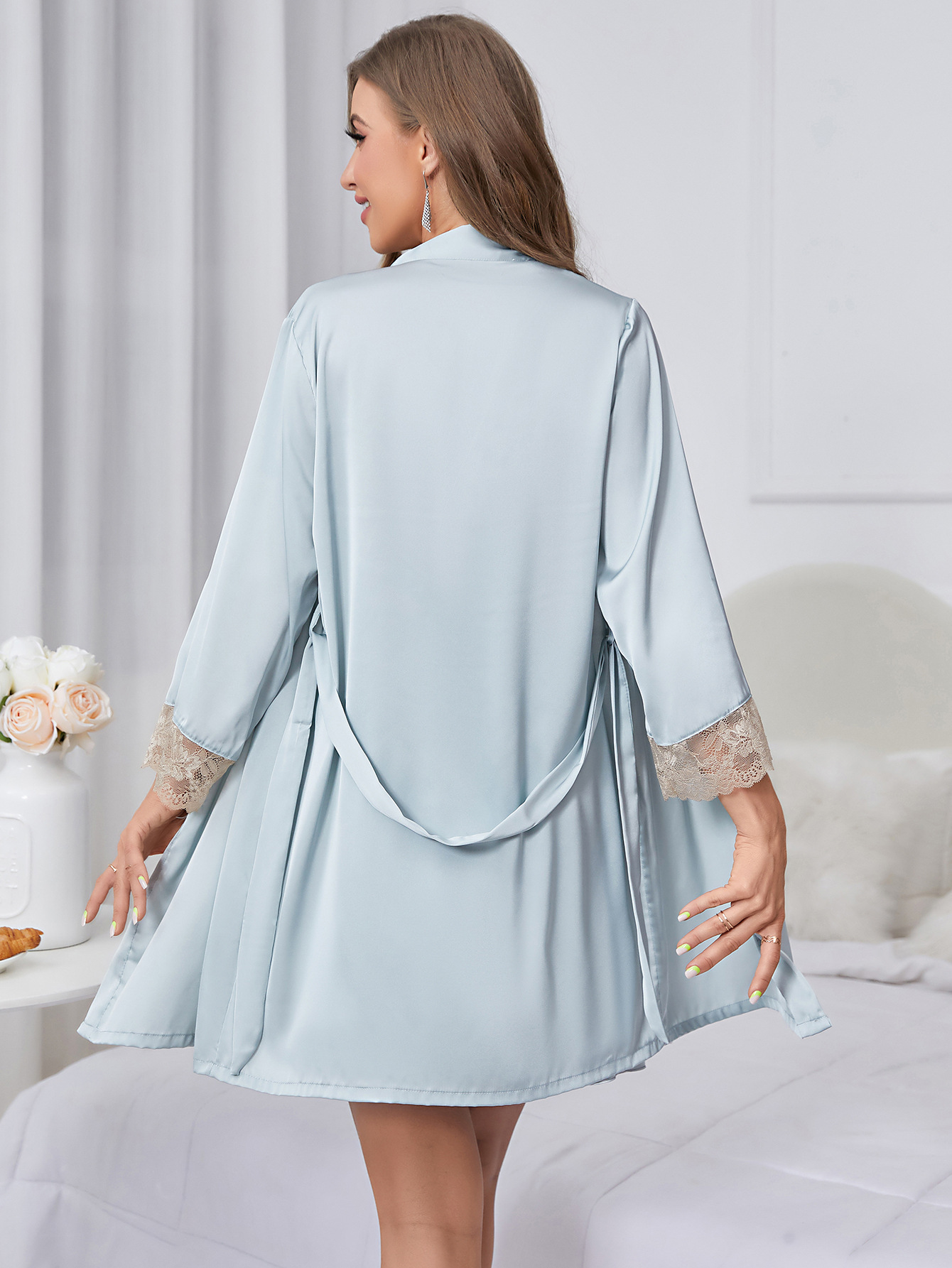 Light Blue Color Silk Long Sleeve kimono and Nightdress