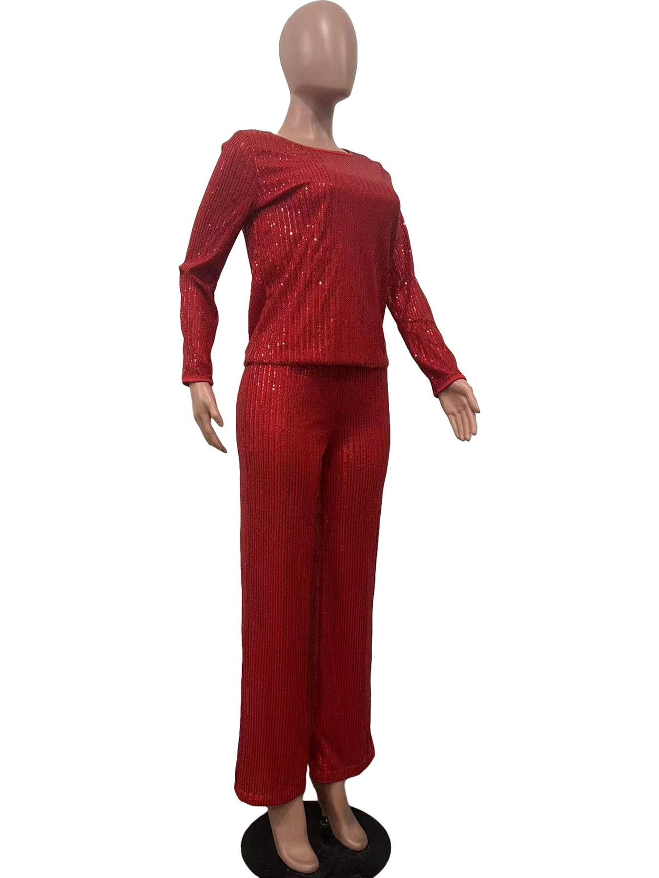 Women's Clothing new sequined solid color long sleeved trousers two piece set_voghion.com