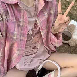 BM风美式复古棉布粉色格子衬衫bm幂式穿搭古着宽松衬衣休闲外套女
