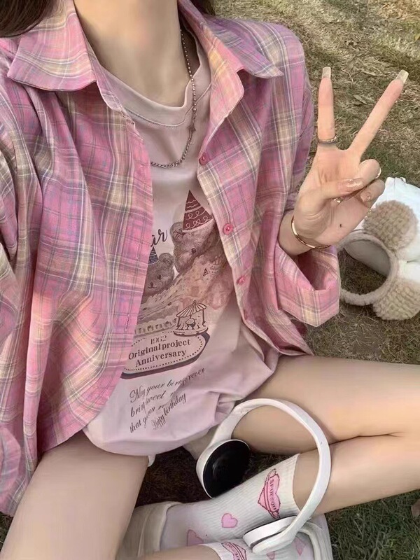 BM style American retro cotton pink plaid shirt bm power wear vintage loose shirt casual coat for women BM style American retro cotton pink plaid shirt bm power wear vintage loose shirt casual coat for women
