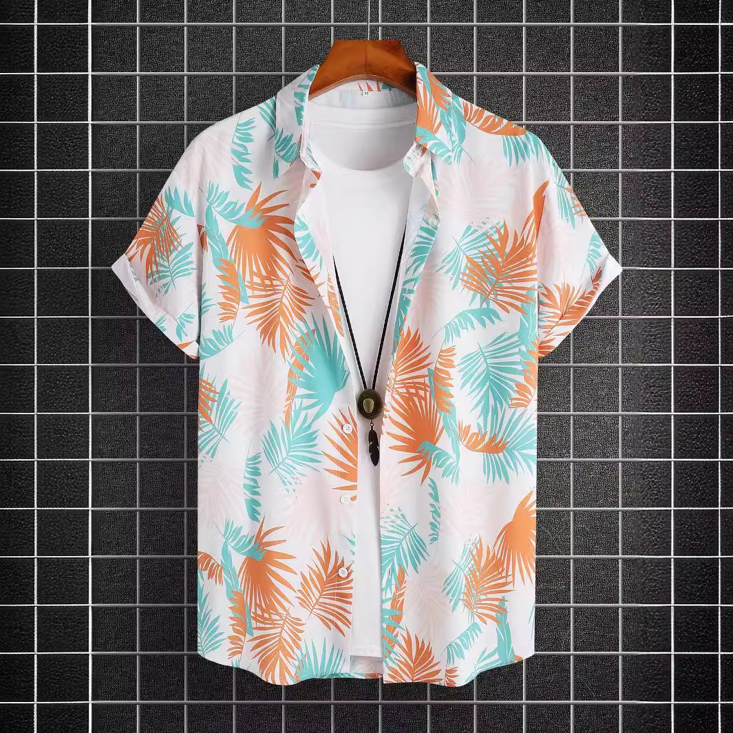 亚马逊外贸跨境衬衫 休闲翻领印花薄款夏威夷花衬衫男士衬衣