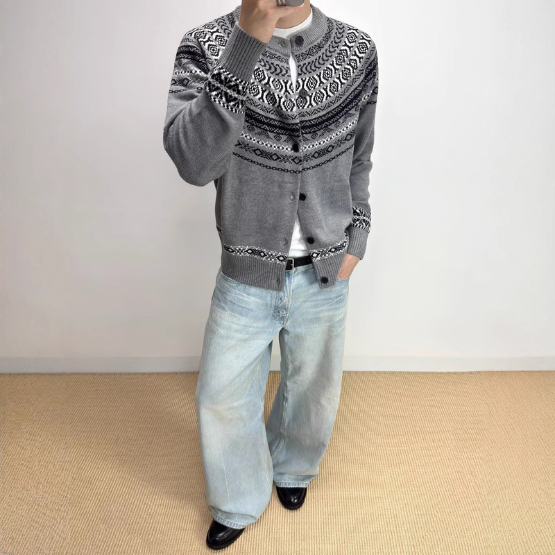 Gray Old Money Style Fair Isle Jacquard Knit Shirt Men's Early Autumn High-End Short Couple's Cardigan Sweater
