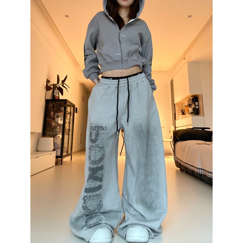 Letter Print Wide-Leg Sweatpants Men's Sports Fitness Jogging Straight Large Size Fashion Trendy Casual Long Pants Women