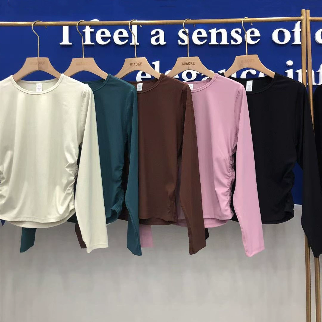 Весенний новый женский стиль йоги с длинными рукавами, с круглым вырезом и шнурками, складками, короткая спортивная футболка, эластичная трансграничная трансляция