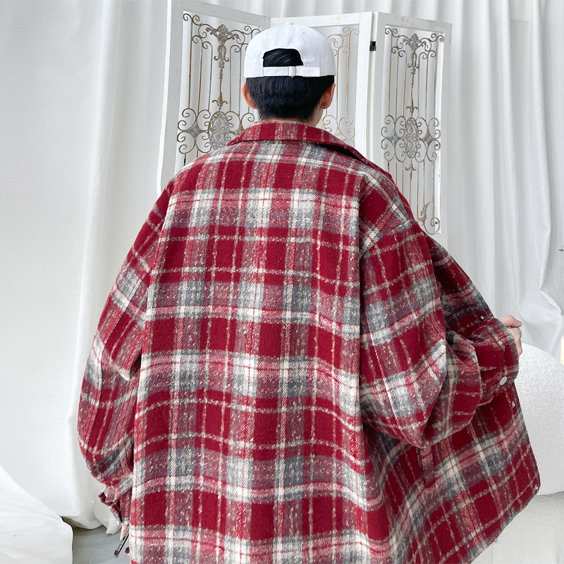 American Retro Plaid Men's Spring And Autumn Trendy High Street Vibe Baseball Style Shirt Jacket Coat_voghion.com
