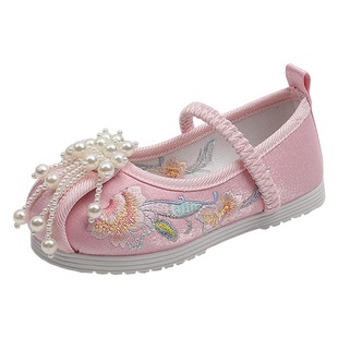 Chinese Style Children's Cloth Shoes Elasticized Ancient Clothes Shoes Embroidered Shoes for Big Children Girls Hanfu Shoes Pearl Elasticized Antique Shoes
