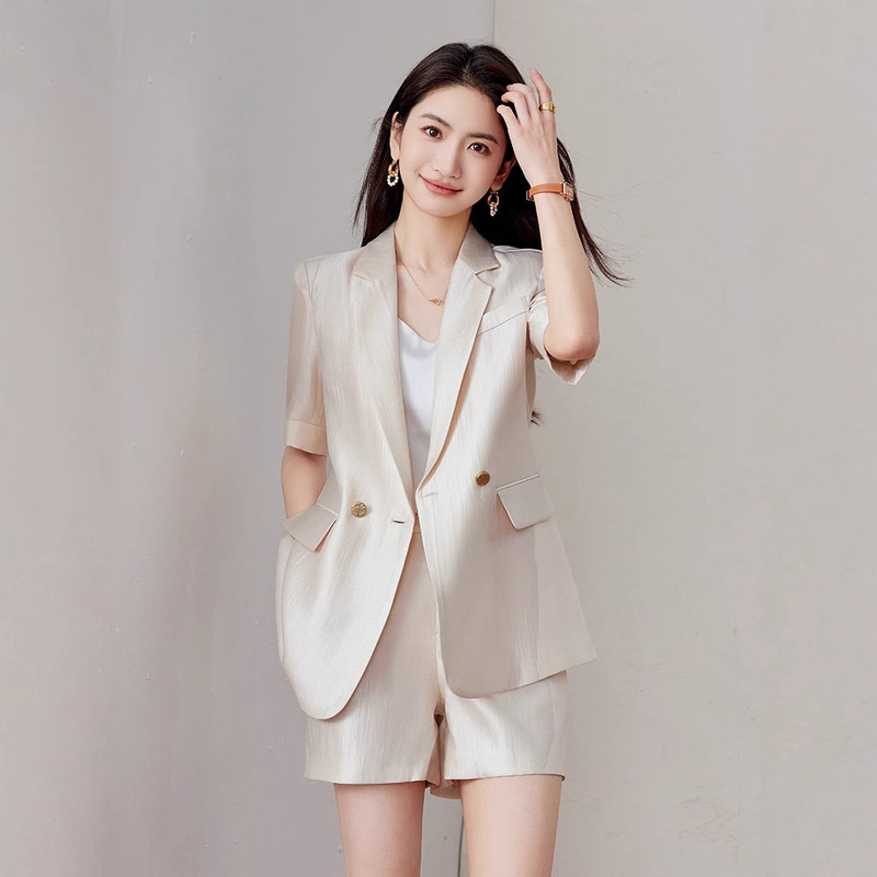 apricot Short-sleeved Suit Jacket Women's Summer Thin Korean Style Elegant Small Casual Age-reducing Suit Shorts suit