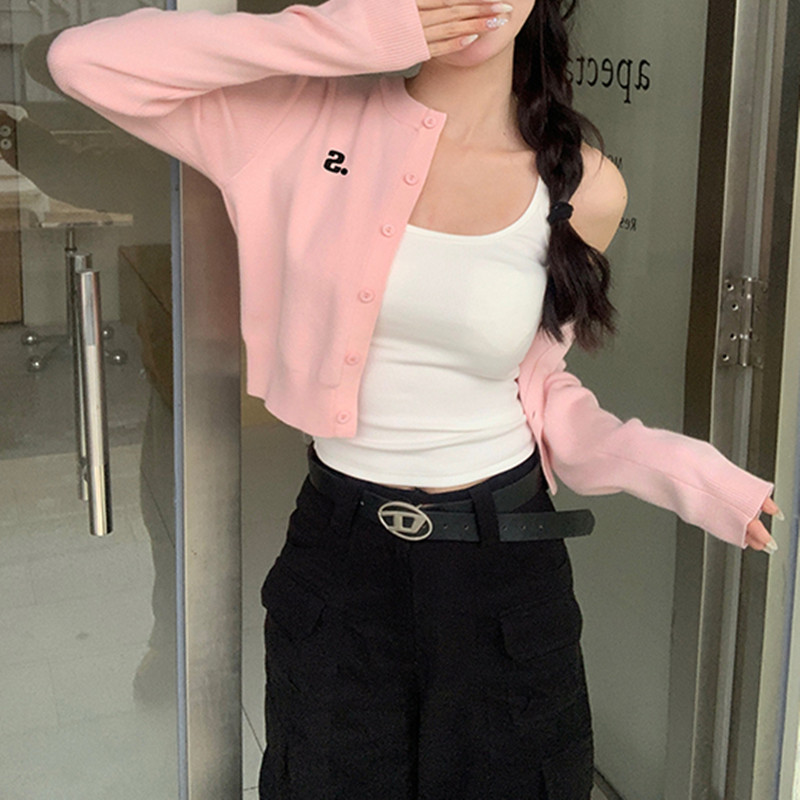 韩版黄色短款针织开衫外套女秋季圆领绣花毛衣外搭高级慵懒上衣|undefined