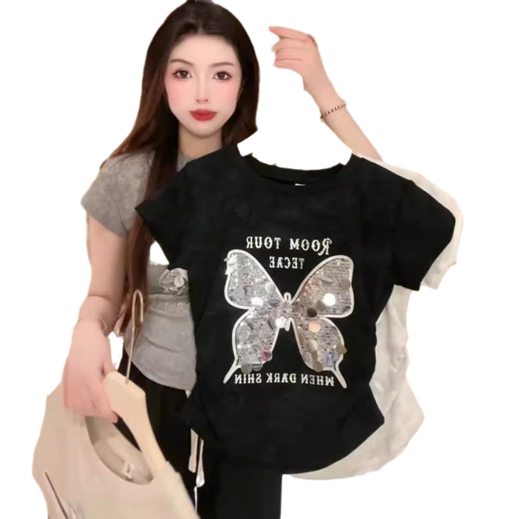 Camiseta de hombro de manga corta de mariposa con lentejuelas para mujer 2024 verano nuevo estilo moda casual pliegues cintura delgada para mujer image 6
