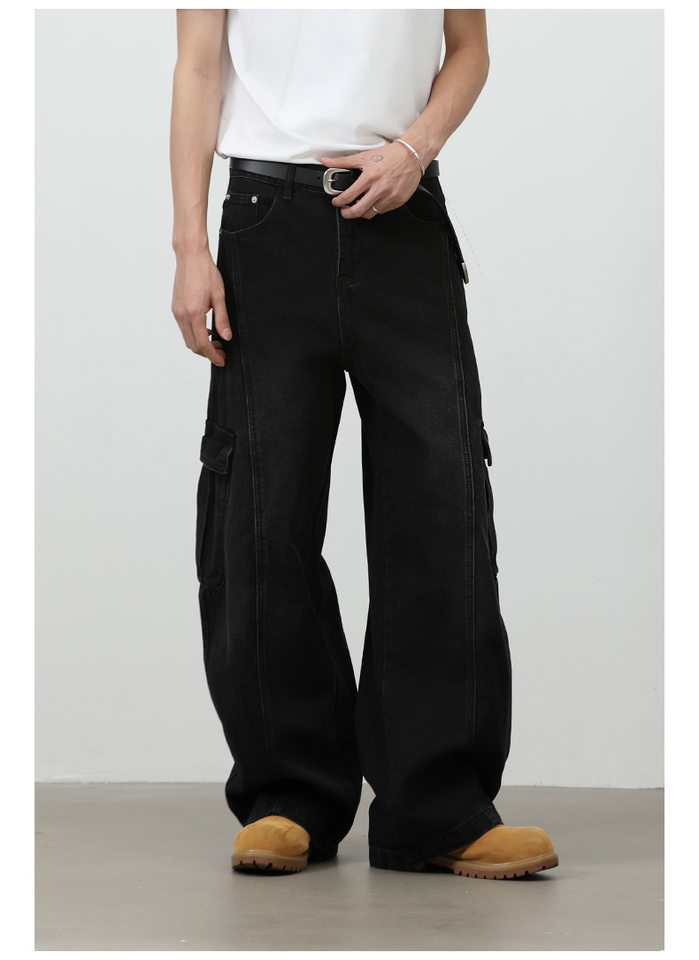 Quần jean nam ống rộng baggy phong cách retro Mỹ, nhiều túi khóa kéo, lưng giữa eo — màu xám đen chi tiết 20