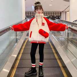 女童外套秋冬款2025新款儿童女大童冬季加绒加厚红色羊羔绒毛衣