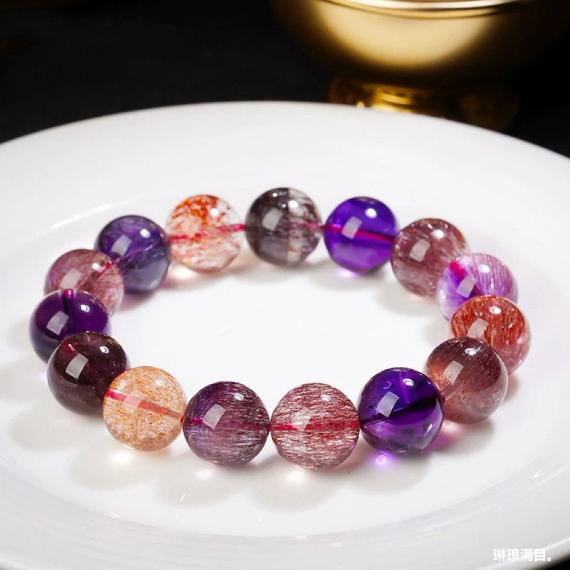 Natural Brazilian Super Seven Purple Rutilated Quartz Bracelet for Men and Women, Golden Strawberry Quartz Super Seven Three-Wheel Crystal Bracelet