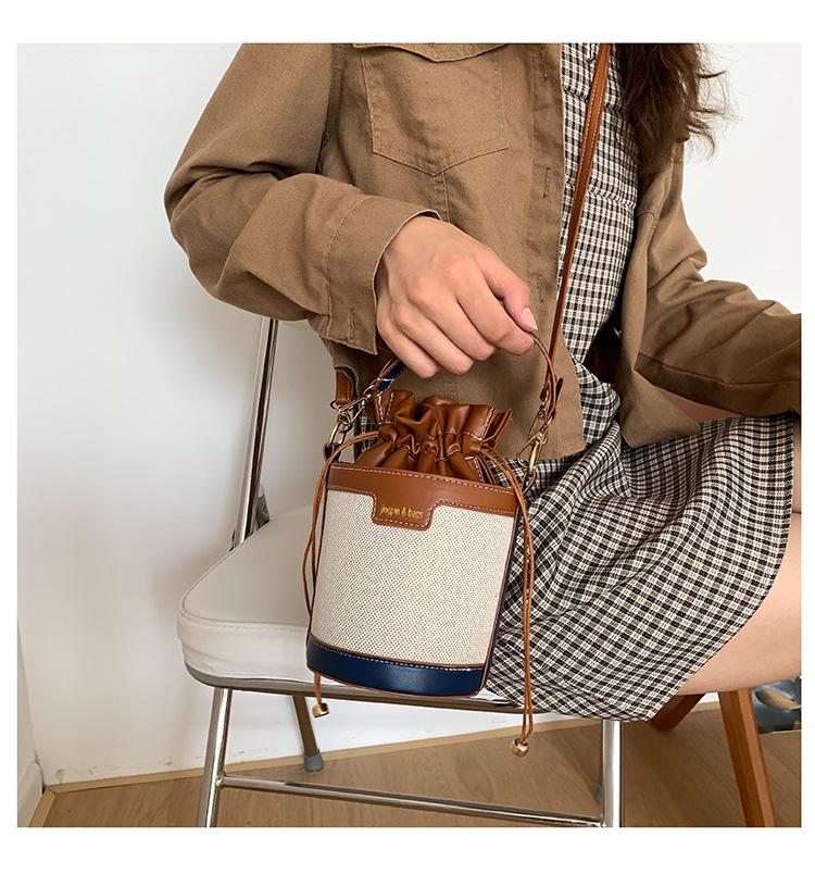 Bucket Bag Bags Type Women's Medium Pu Leather Color Block Streetwear Sewing Thread Bucket String Bucket Bag