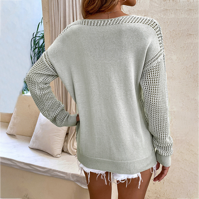 Drizzle Solid Color Hollow Cross-border Sweater Women's 2022 Autumn And Winter New V-neck Pullover Amazon Knitted Sweater Top
