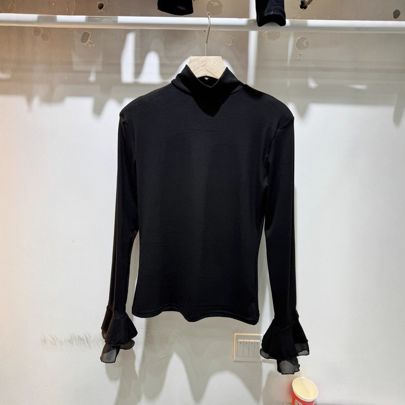 2025 Autumn and Winter Tops Simple Mesh Patchwork Bell Sleeves Half-High Collar Long-Sleeved Solid Color Slim-Fitting Bottoming Shirt 2025 Autumn and Winter Tops Simple Mesh Patchwork Bell Sleeves Half-High Collar Long-Sleeved Solid Color Slim-Fitting Bottoming Shirt
