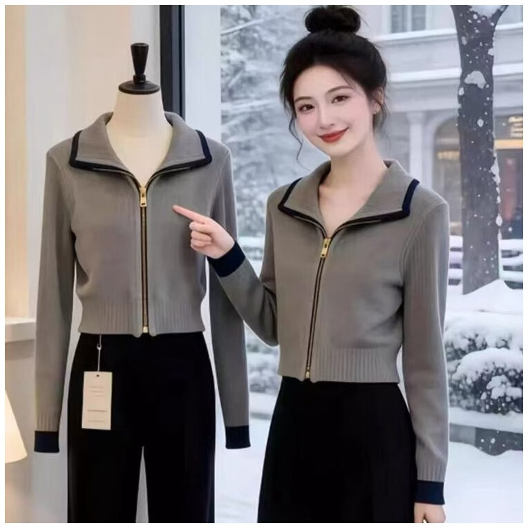 Dropshipping 2026 Spring New Style Lapel Zipper Knit Cardigan High-Waisted Stylish Short Coat for Petite Women Dropshipping 2026 Spring New Style Lapel Zipper Knit Cardigan High-Waisted Stylish Short Coat for Petite Women
