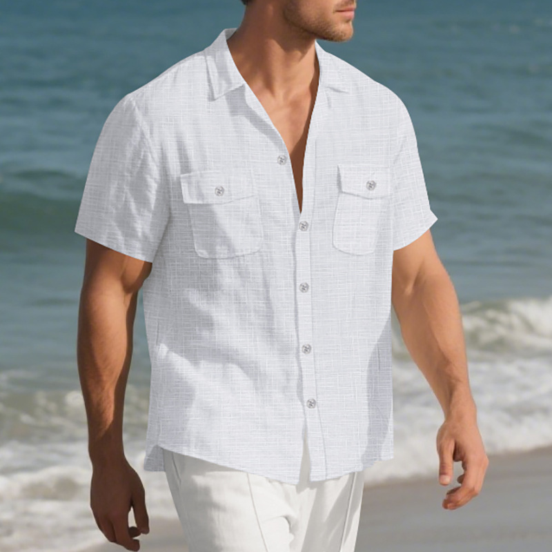 Chemise d'été à manches courtes pour homme, couleur unie, double poche, décontractée, pour les vacances_voghion.com