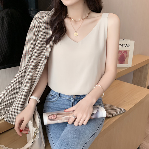 Women's Sheer Straps Camisole Top  Summer V-Neck Double Layer Loose Fitting Slimming Outerwear and Innerwear White Base Shirt Top