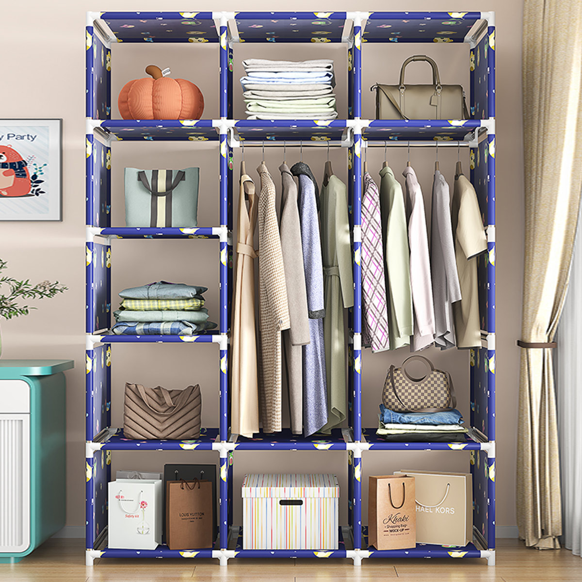 옷걸이 바닥 침실 코트 랙 실내 간단한 천 옷장 가정용 보관 랙 다층 보관 선반