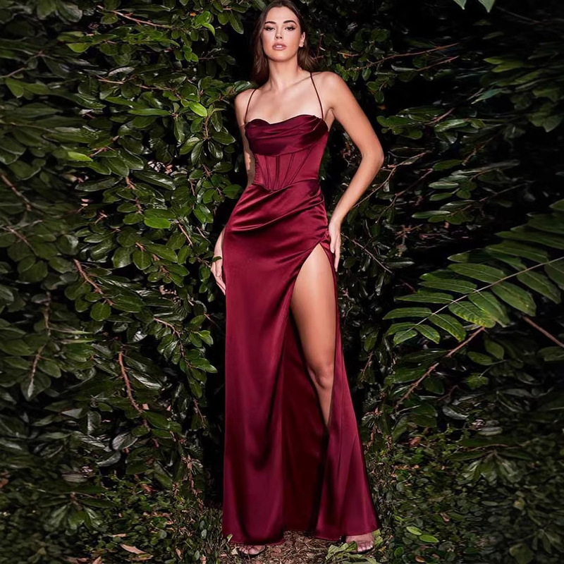 2024 Christmas Holiday Dress European and American Sexy Spaghetti Strap Dress High-Waisted Slit Long Dress Slim Fit Dress 9 Colors 2024 Christmas Holiday Dress European and American Sexy Spaghetti Strap Dress High-Waisted Slit Long Dress Slim Fit Dress 9 Colors