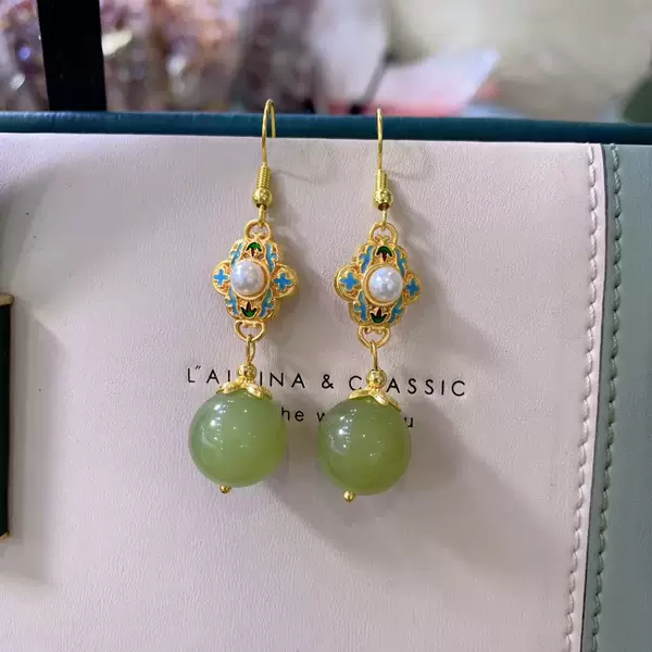 Hetian Jade Earrings, Chinese Style Light Luxury Chalcedony Earrings, Inlaid Earrings with a High-End Feel, New Chinese Style
