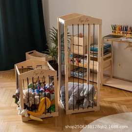 创意毛绒玩具收纳篮围栏网玩偶木质收纳筐实木玩具收纳篮