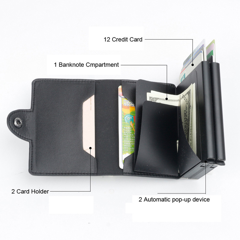 Comercio exterior transfronterizo RFID titular de la tarjeta de metal de aluminio de doble capa PU caja de tarjeta cardwallet anti-desgaussing láser LOGO