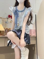 日系学院风小飞袖蓝色清新上衣女学生+蝴蝶结印花花苞短裙两件套