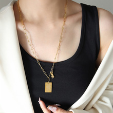 欧美兔子情书长方牌长款项链 钛钢材质毛衣链不褪色镀金首饰 M032