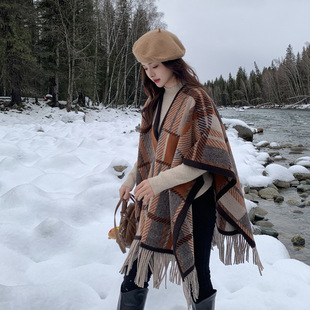 French Plaid Tassel Cape Coat Women's Autumn and Winter Petite Shawl Outer Zurich Scarf Cape Coat