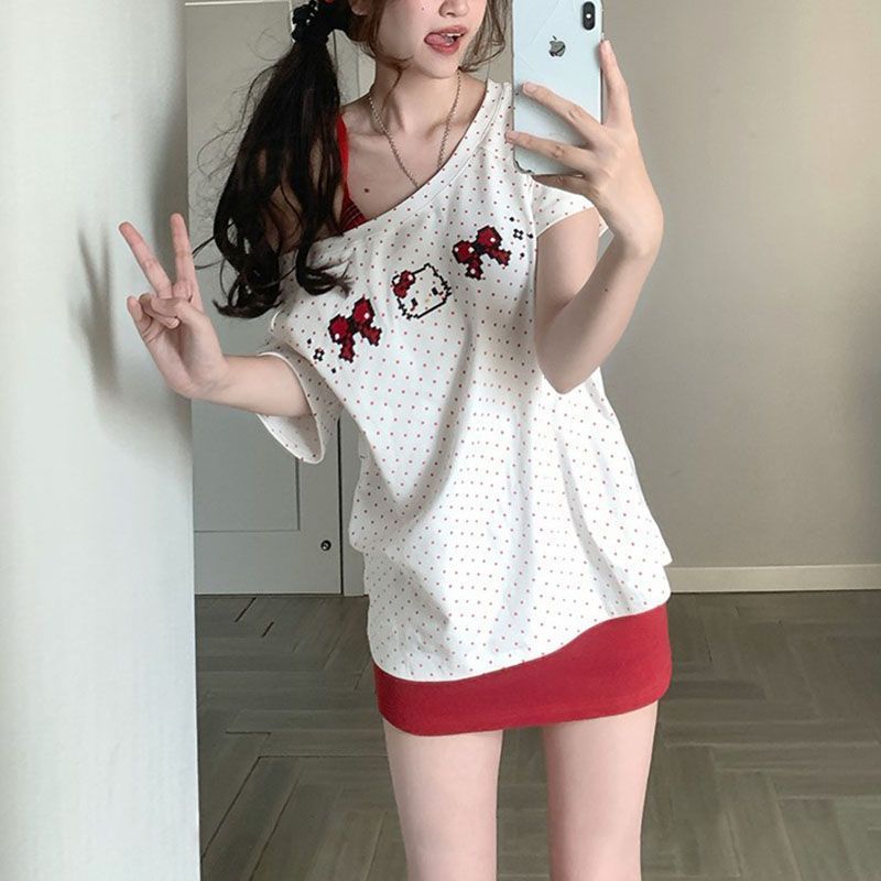 Pure Desire Sweet 斜め肩水玉半袖 Tシャツレディース夏キティ刺繍トップとサスペンダースカートショートスカートスーツ|undefined