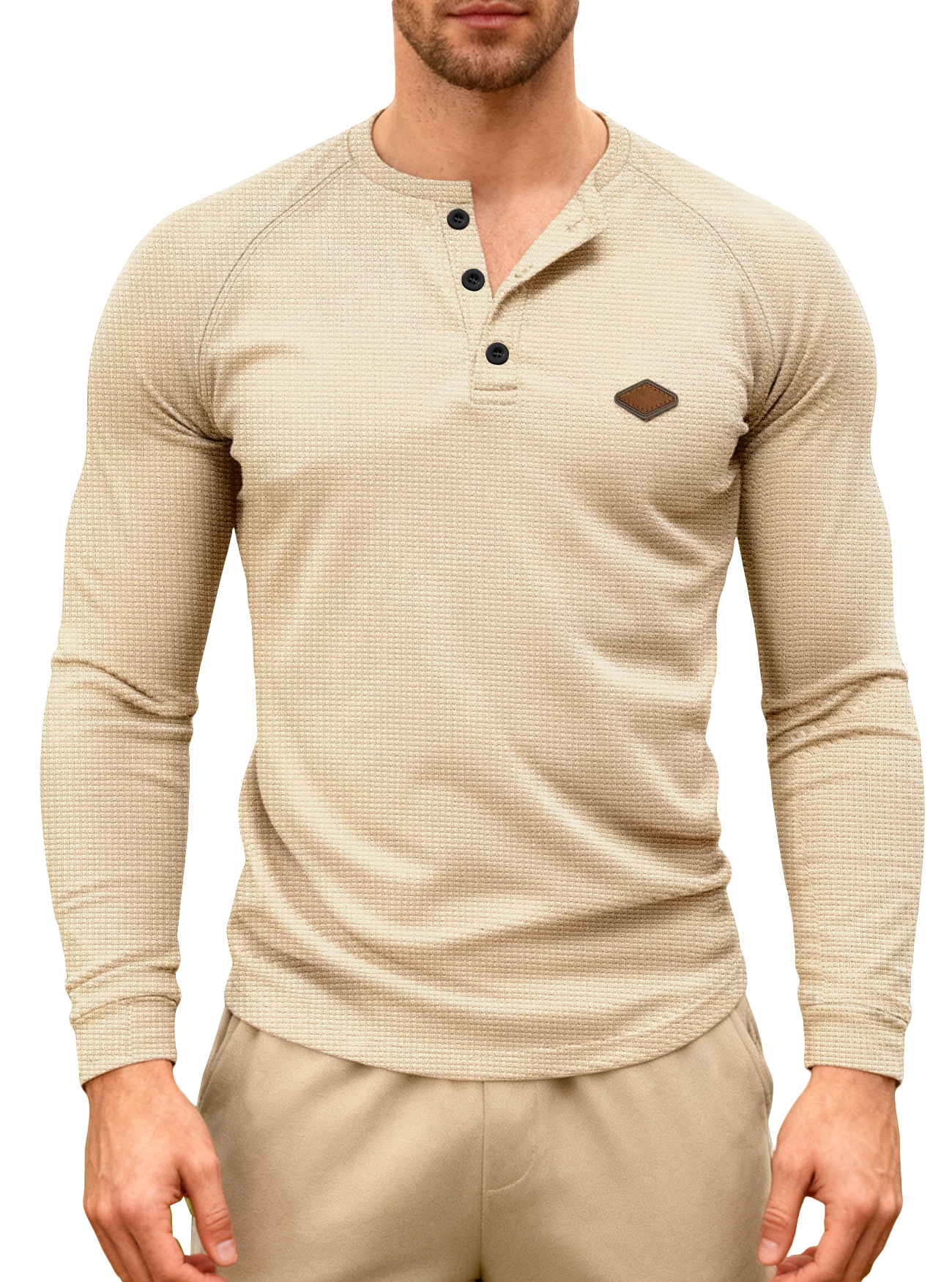 Nuevo transfronterizo europeo y americano hombre casual primavera y otoño americano waffle tie rápido secado hombro Henry camiseta de manga larga