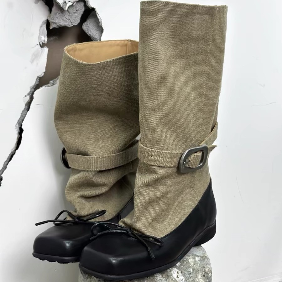 牛皮版～新款小众设计感方头复古芭蕾风堆堆靴撞色韩版中筒靴女