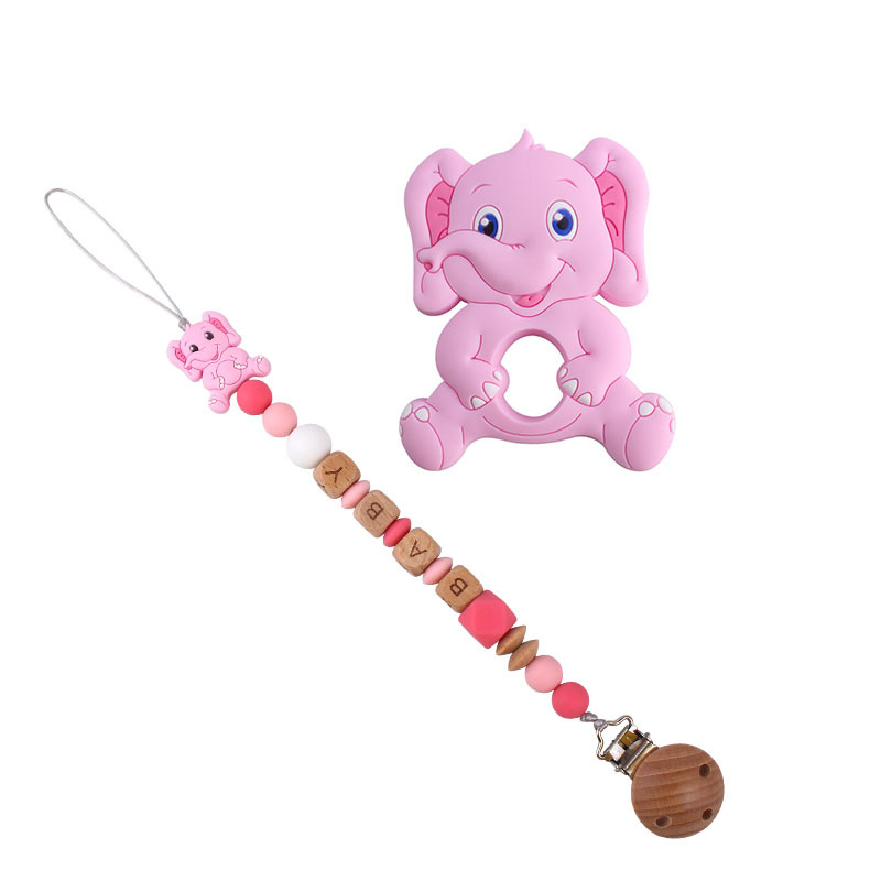 Bebé de dibujos animados elefante de silicona teether stick teether nuevo bebé nombre chupete cadena traje