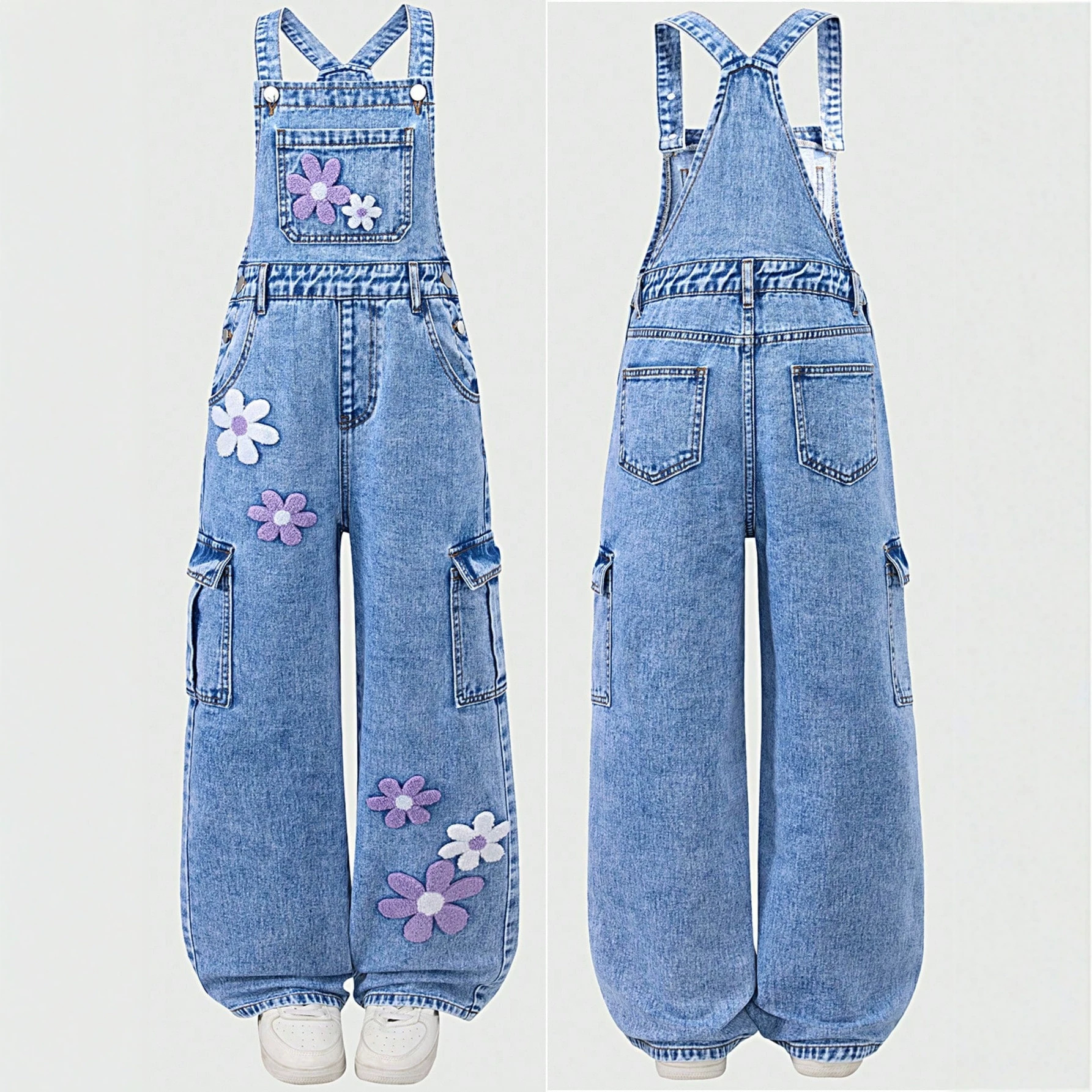 Cross-Border Exclusive Supply for Amazon: American-Style Floral Embroidered Denim Overalls for Girls, Loose Casual Personality Jumpsuit Pants