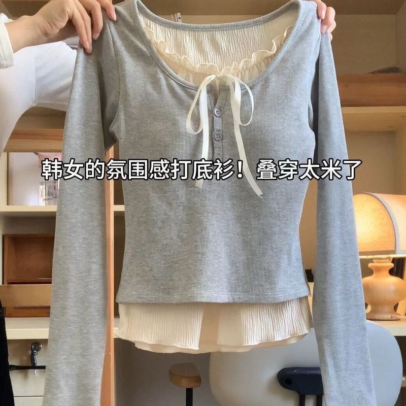 秋装假两件内搭打底衫女2024早春芭蕾风纯欲长袖上衣修身别致T恤|undefined