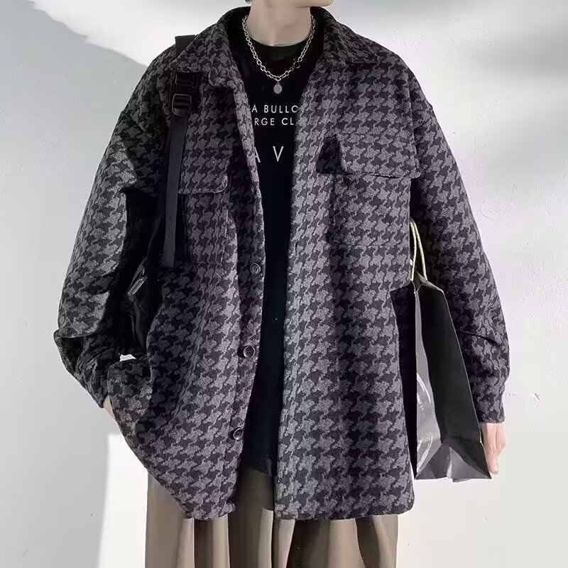 Houndstooth Woolen Jacket Men's Autumn 2024 New American Style Retro Loose Fashionable Brand Couple's Chanel Style Jacket Houndstooth Woolen Jacket Men's Autumn 2024 New American Style Retro Loose Fashionable Brand Couple's Chanel Style Jacket