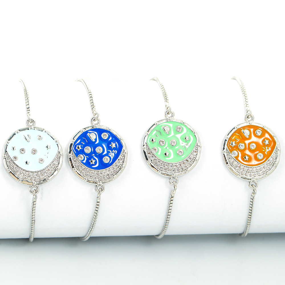 Copper Material Geometric Pattern Retro Simple Bracelet Color Drop Oil Star Moon Round Adjustable Bracelet