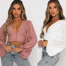 春夏新款女装欧美外贸速卖通深V灯笼袖高腰纯色上衣