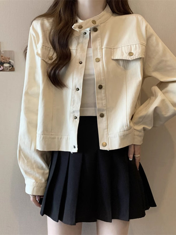 大码胖mm美式立领夹克外套女秋季2025新款爆款工装风正肩短款上衣|undefined
