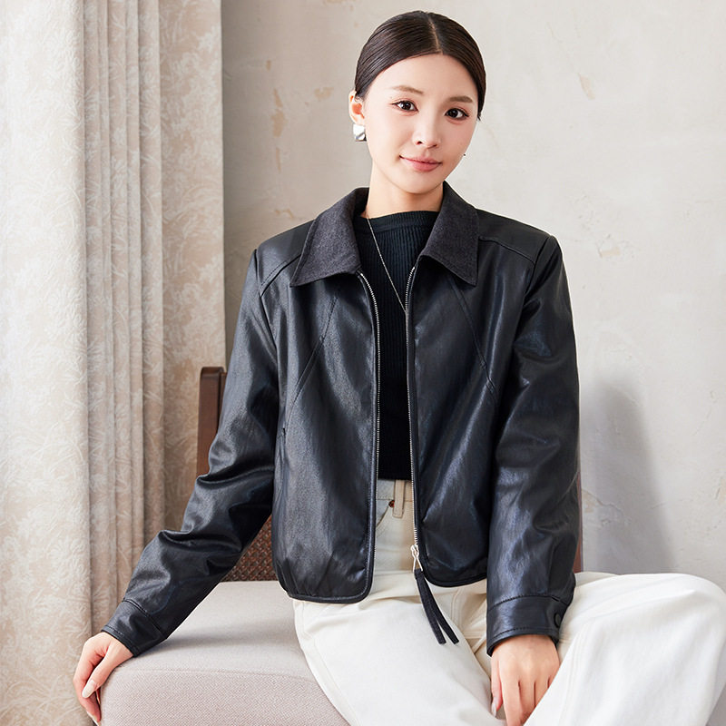 Áo khoác da nữ cổ bẻ dáng ôm phối lông bên trong kiểu mới — màu cà phê, đen, Màu cà phê Fleece dày, Màu đen Fleece dày chi tiết 3
