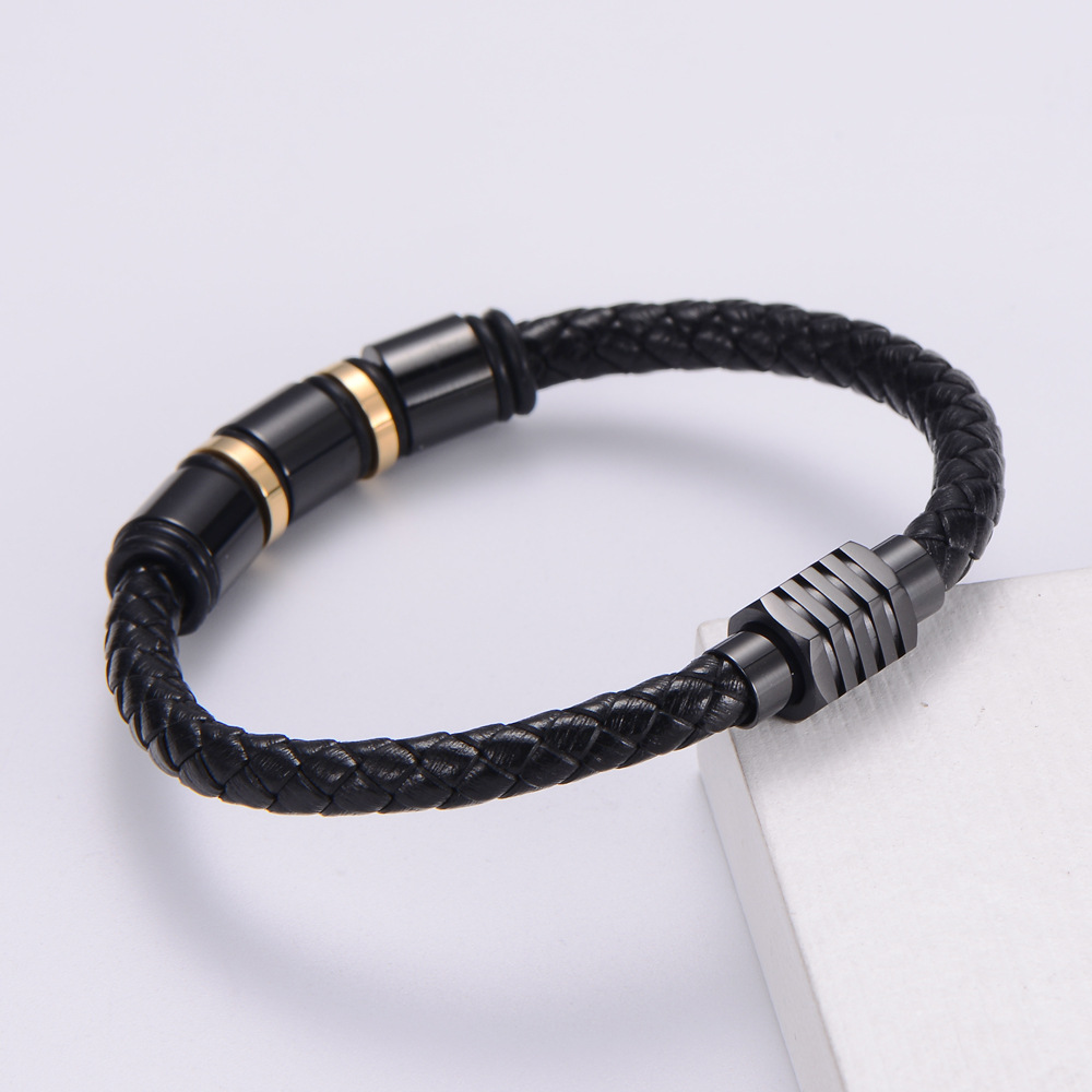 Anniversary, Wedding, Travel, Birthday, Festival Occasion Simple Style 304 Stainless Steel No Inlaid 18K Gold Plated Vacuum Plating Unisex Men Cord & Leather Bracelets